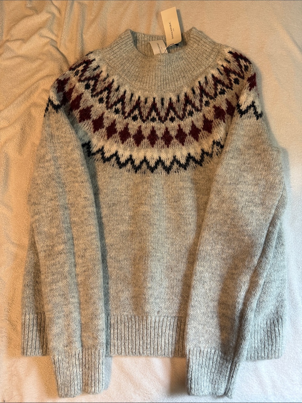 Banana Republic Gray Fair Isle Wool Sweater with Maroon and Black Pattern
